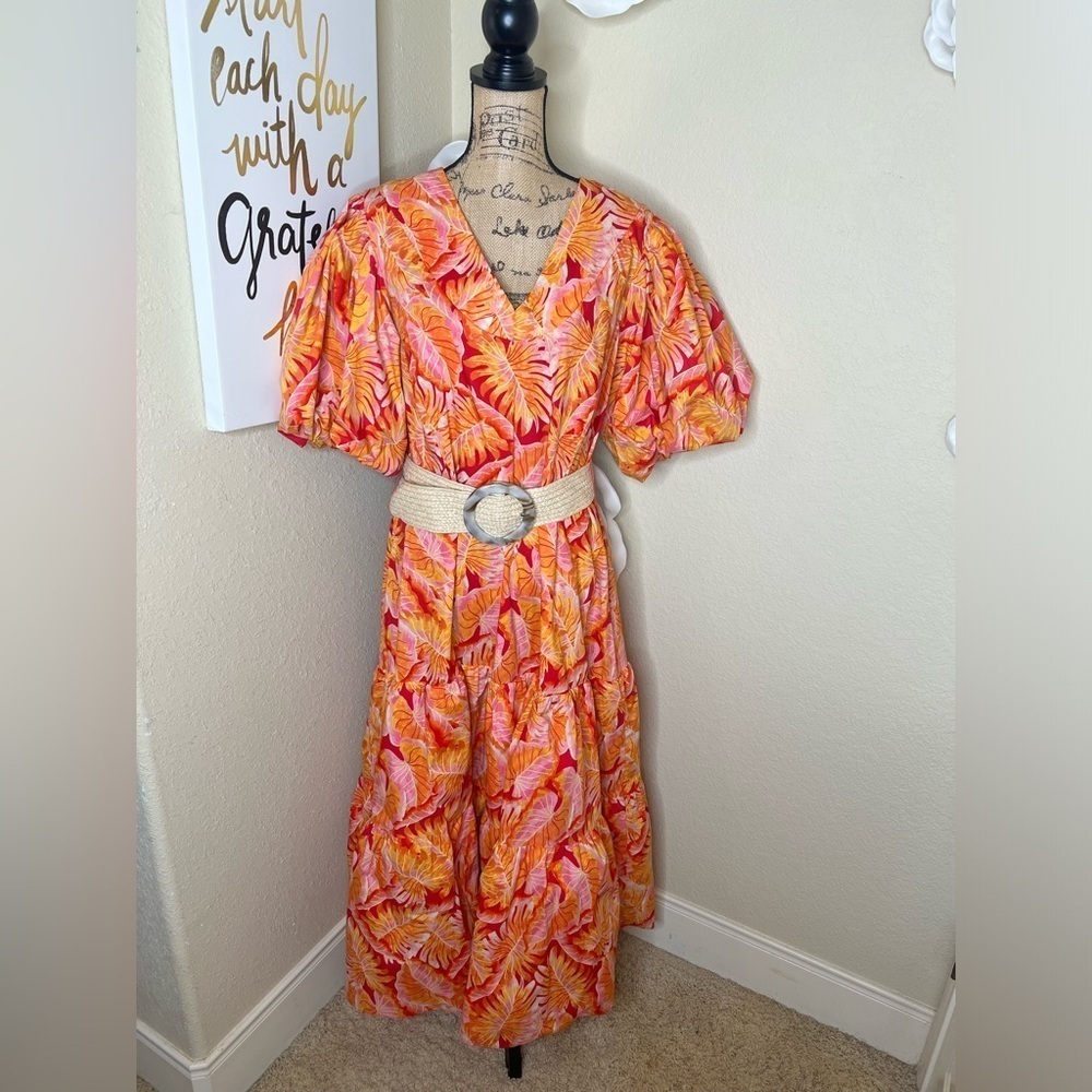 Gibson & Latimer Tropical Pink & Orange Puff Sleeve Maxi Dress Size XL
